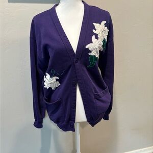 Vintage Purple Cardigan Sweater with Floral Design